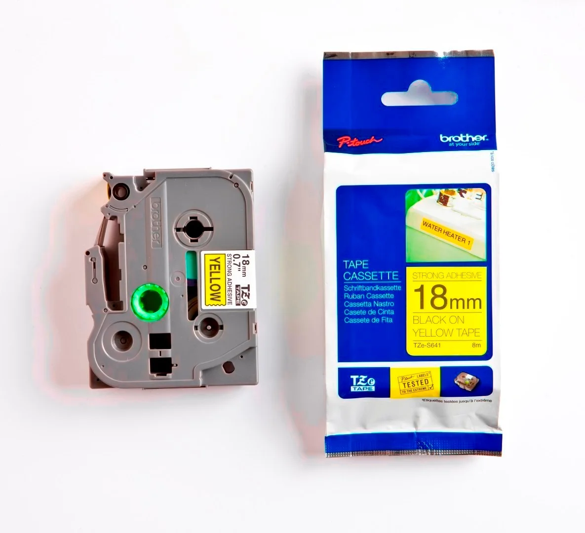 Cinta Rotuladora Brother Doble Adhesivo TZE-S641 18mm Negro/Amarillo 8 MTS Laminada disponible en Bytecom Moron Zona Oeste Haedo Castelar Ituzaingo Padua Ramos Mejia