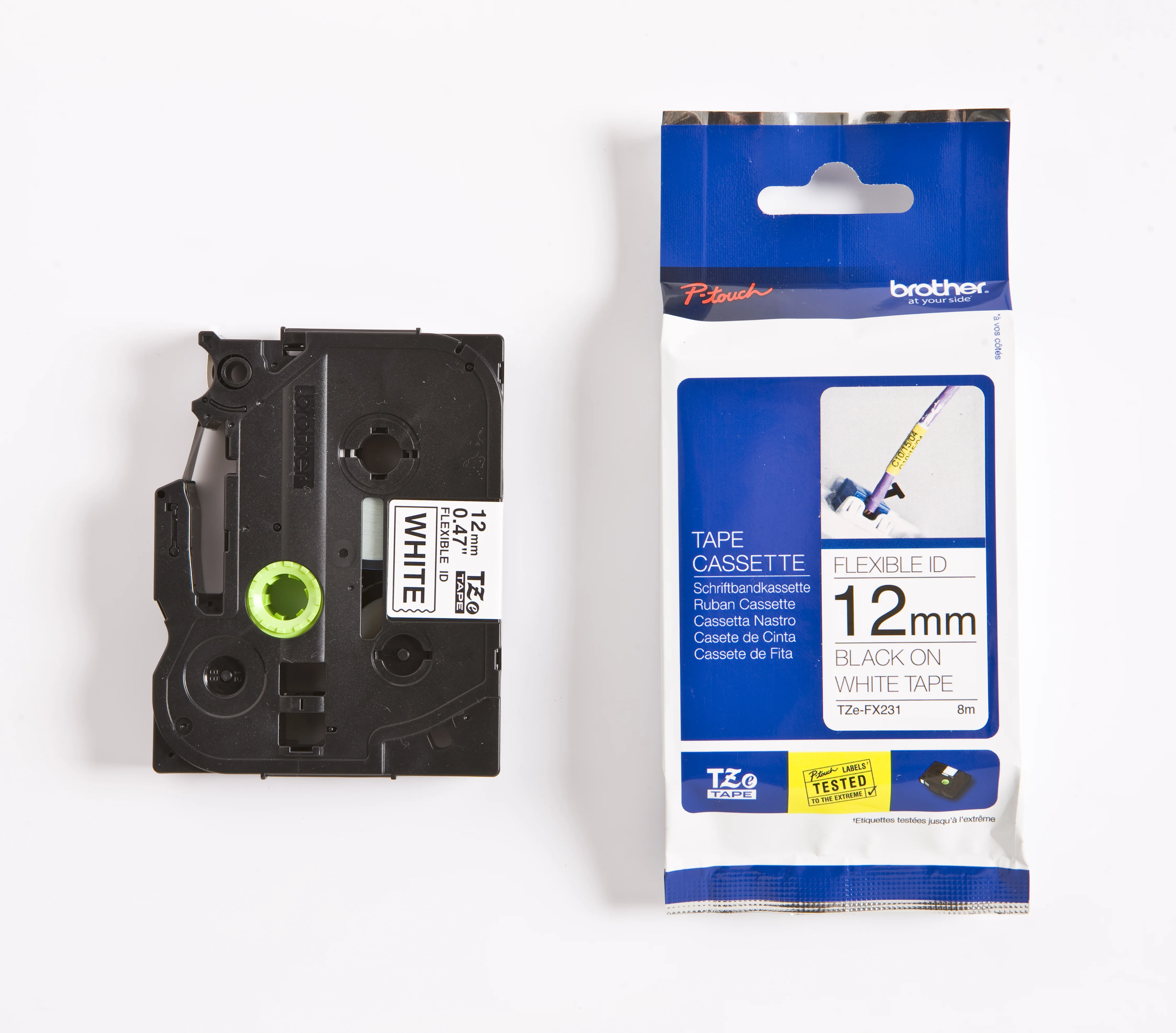 Cinta Rotuladora Brother Flexible TZE-FX231 12mm Negro/Blanco 8 MTS Laminada disponible en Bytecom Moron Zona Oeste Haedo Castelar Ituzaingo Padua Ramos Mejia