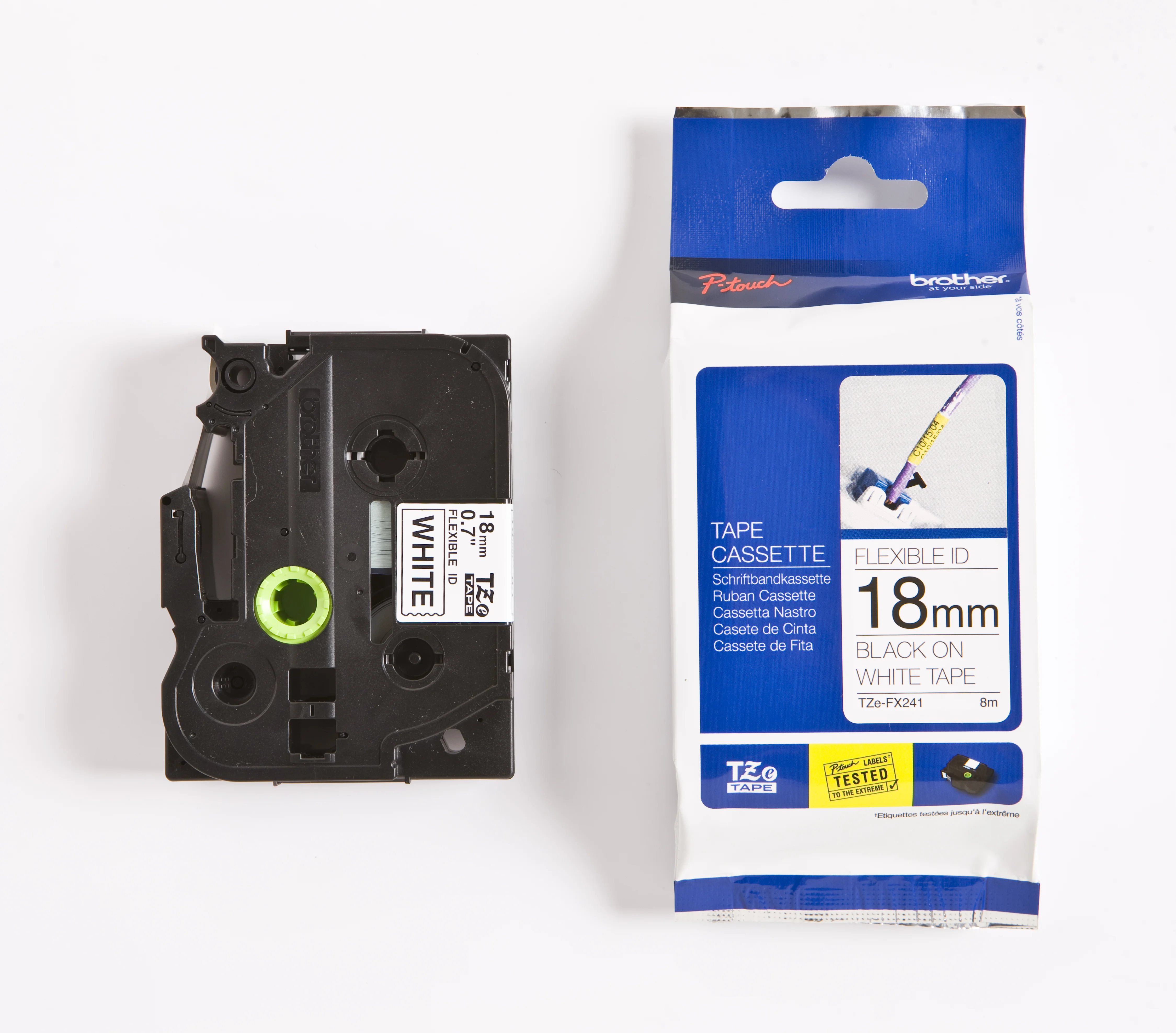 Cinta Rotuladora Brother Flexible TZE-FX241 18mm Negro/Blanco 8 MTS Laminada disponible en Bytecom Moron Zona Oeste Haedo Castelar Ituzaingo Padua Ramos Mejia