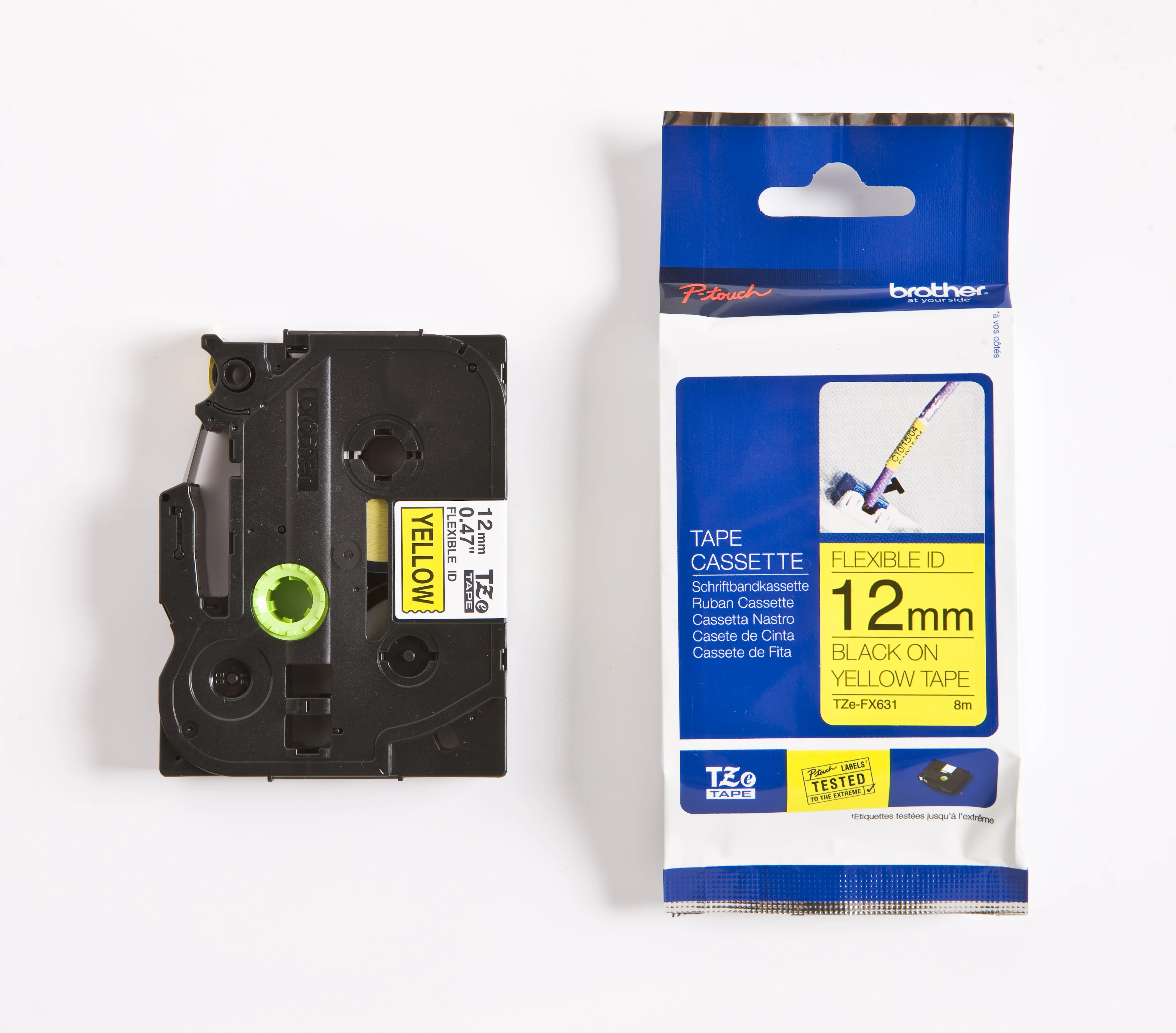 Cinta Rotuladora Brother Flexible TZE-FX631 12mm Negro/Amarillo 8 MTS Laminada disponible en Bytecom Moron Zona Oeste Haedo Castelar Ituzaingo Padua Ramos Mejia