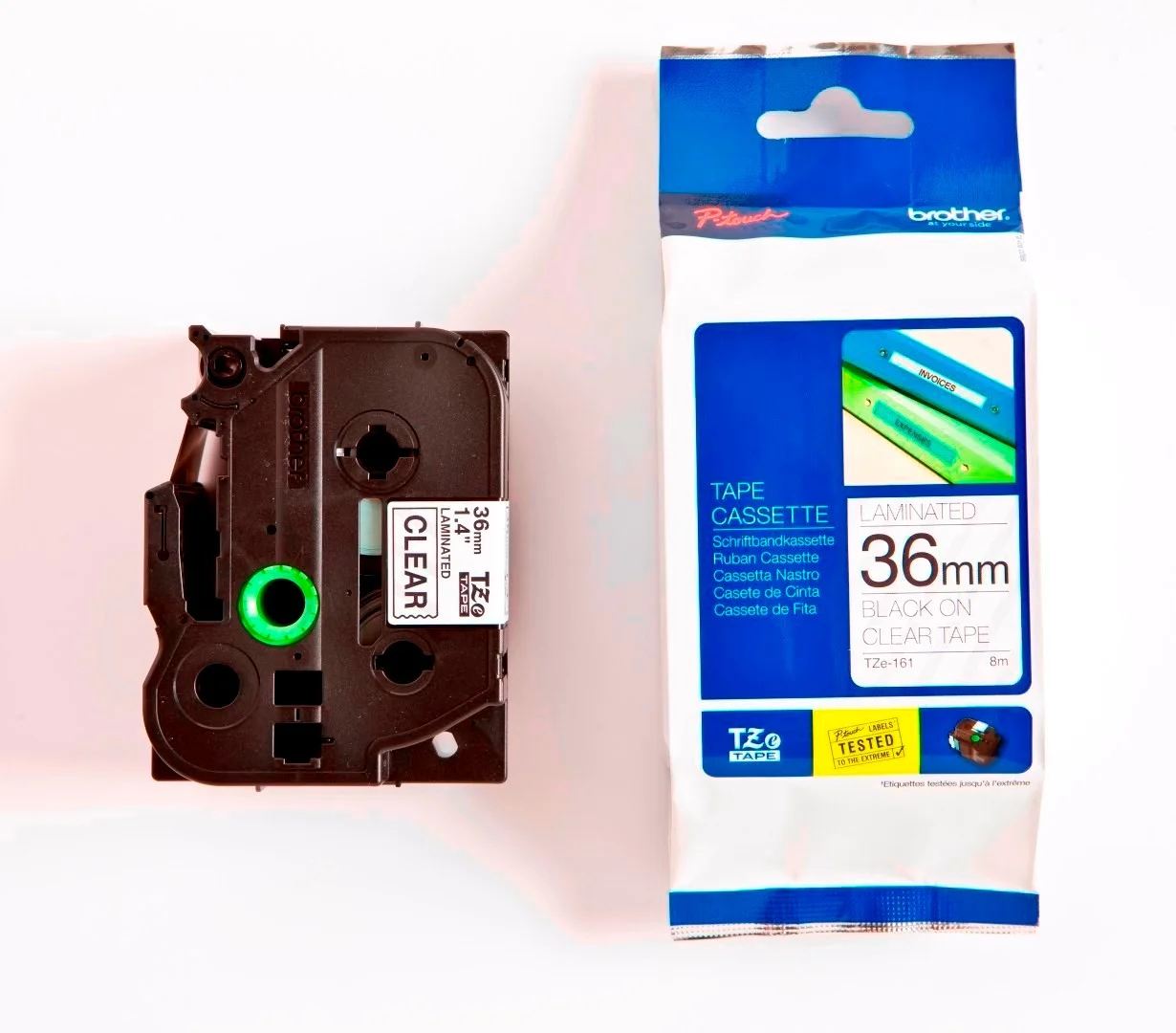 Cinta Rotuladora Brother TZE-161 36mm Negro/Transparente 8 MTS Laminada disponible en Bytecom Moron Zona Oeste Haedo Castelar Ituzaingo Padua Ramos Mejia
