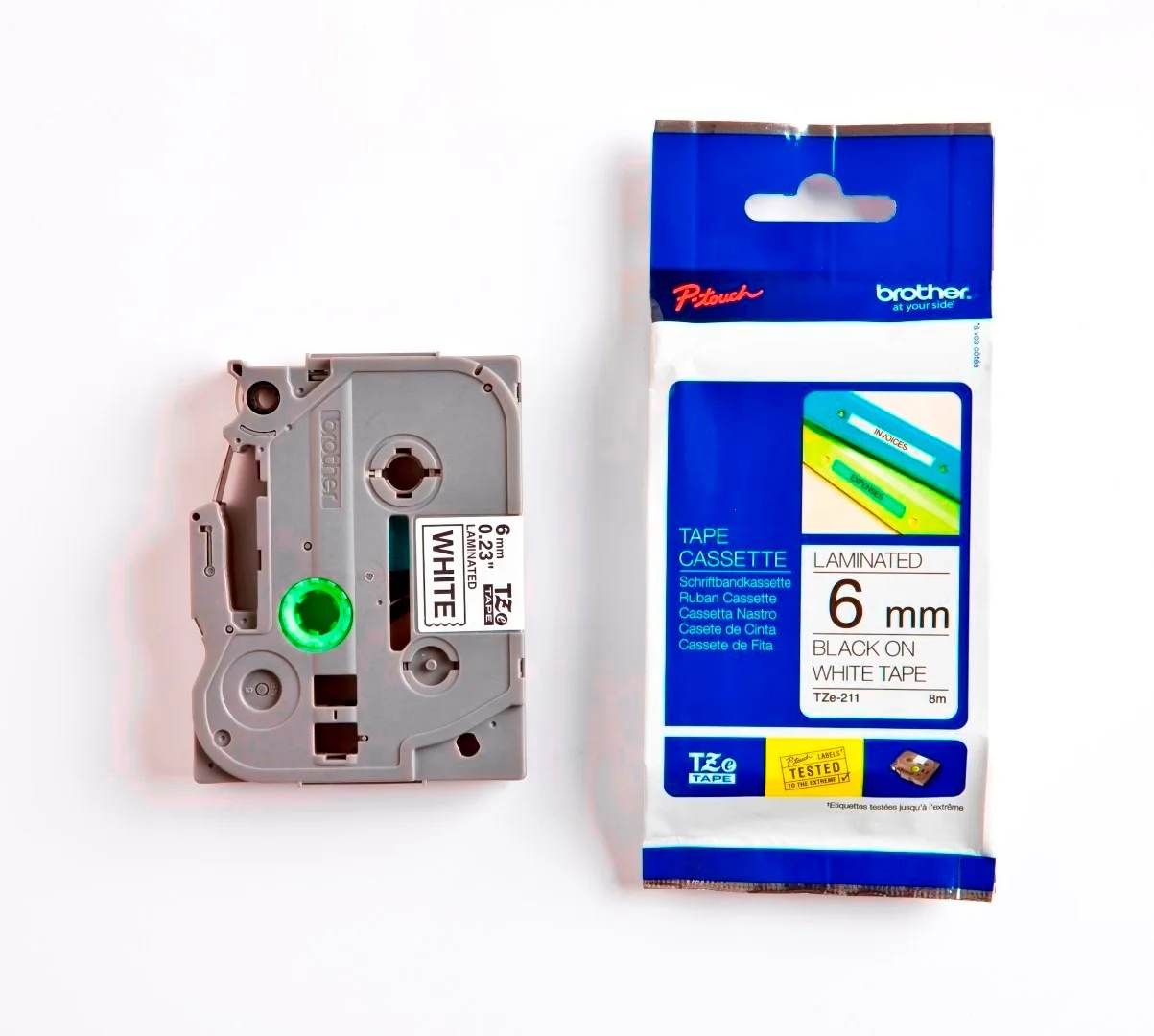 Cinta Rotuladora Brother TZE-211 6mm negro/blanco 8 MTS Laminada disponible en Bytecom Moron Zona Oeste Haedo Castelar Ituzaingo Padua Ramos Mejia