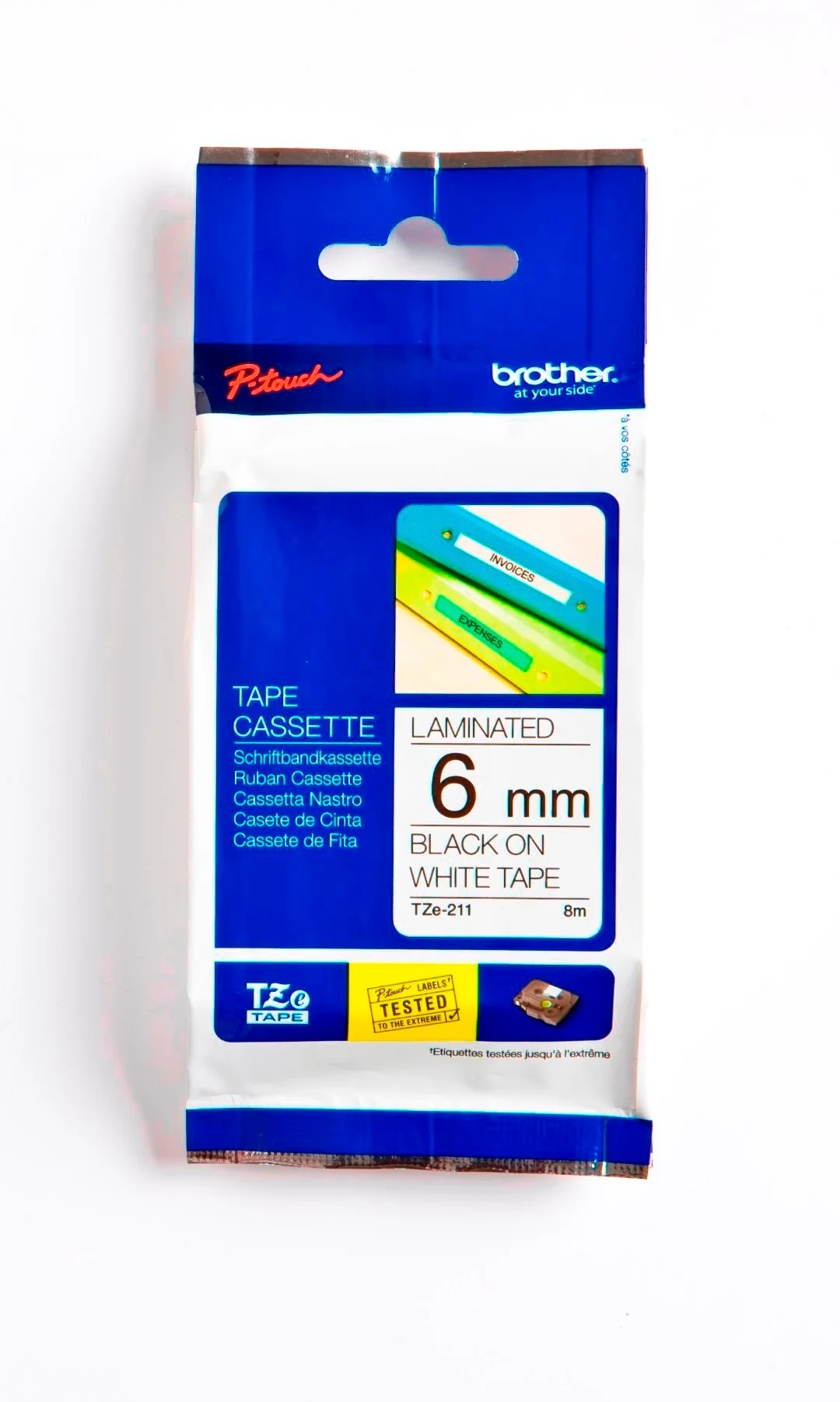 Cinta Rotuladora Brother TZE-211 6mm negro/blanco 8 MTS Laminada