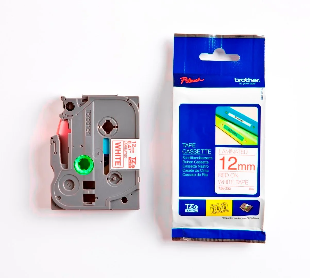 Cinta Rotuladora Brother TZE-232 12mm Rojo/Blanco 8 MTS Laminada disponible en Bytecom Moron Zona Oeste Haedo Castelar Ituzaingo Padua Ramos Mejia