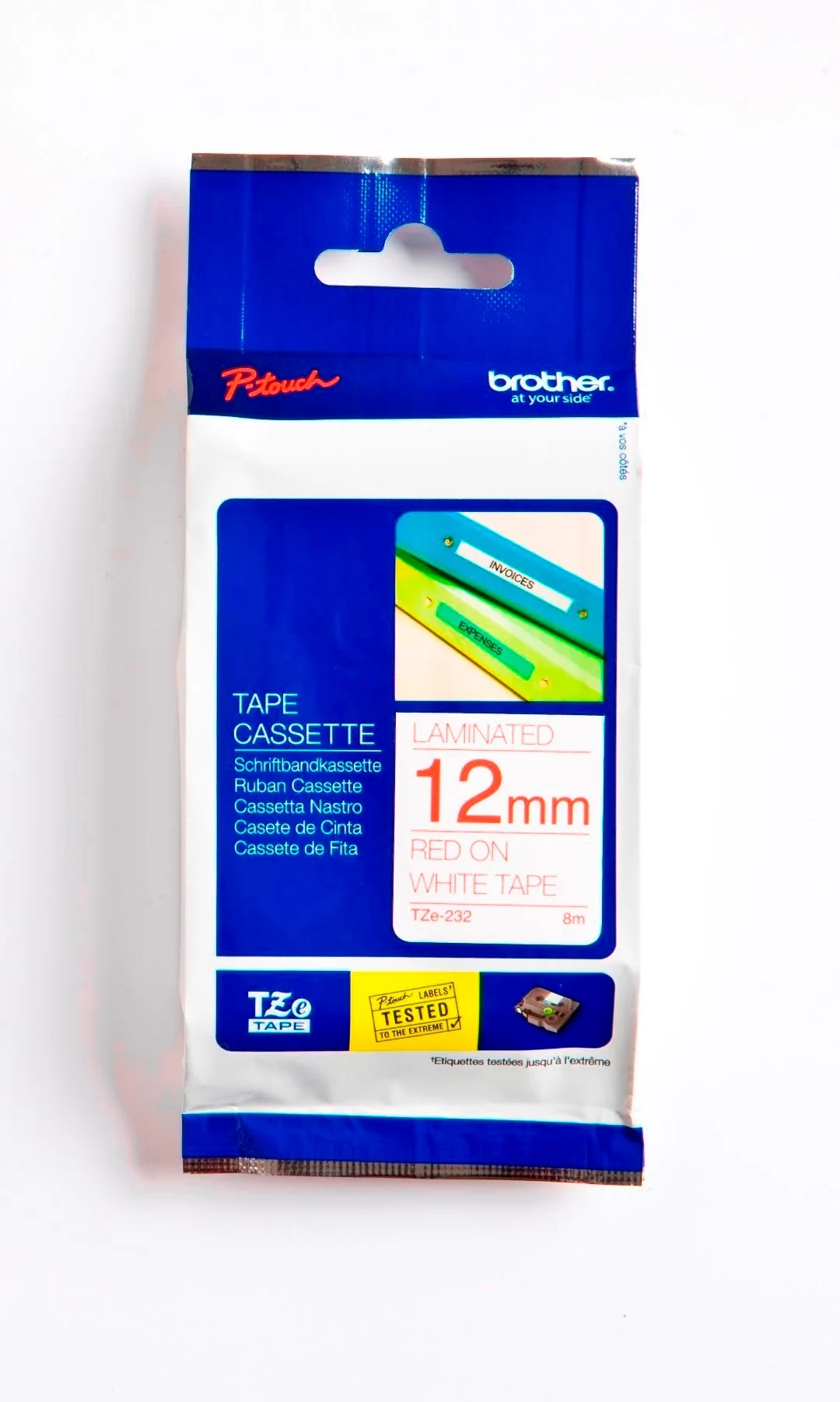 Cinta Rotuladora Brother TZE-232 12mm Rojo/Blanco 8 MTS Laminada