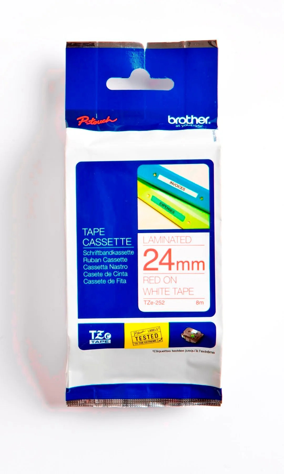 Cinta Rotuladora Brother TZE-252 24mm Rojo/Blanco 8 MTS Laminada disponible en Bytecom Moron Zona Oeste Haedo Castelar Ituzaingo Padua Ramos Mejia