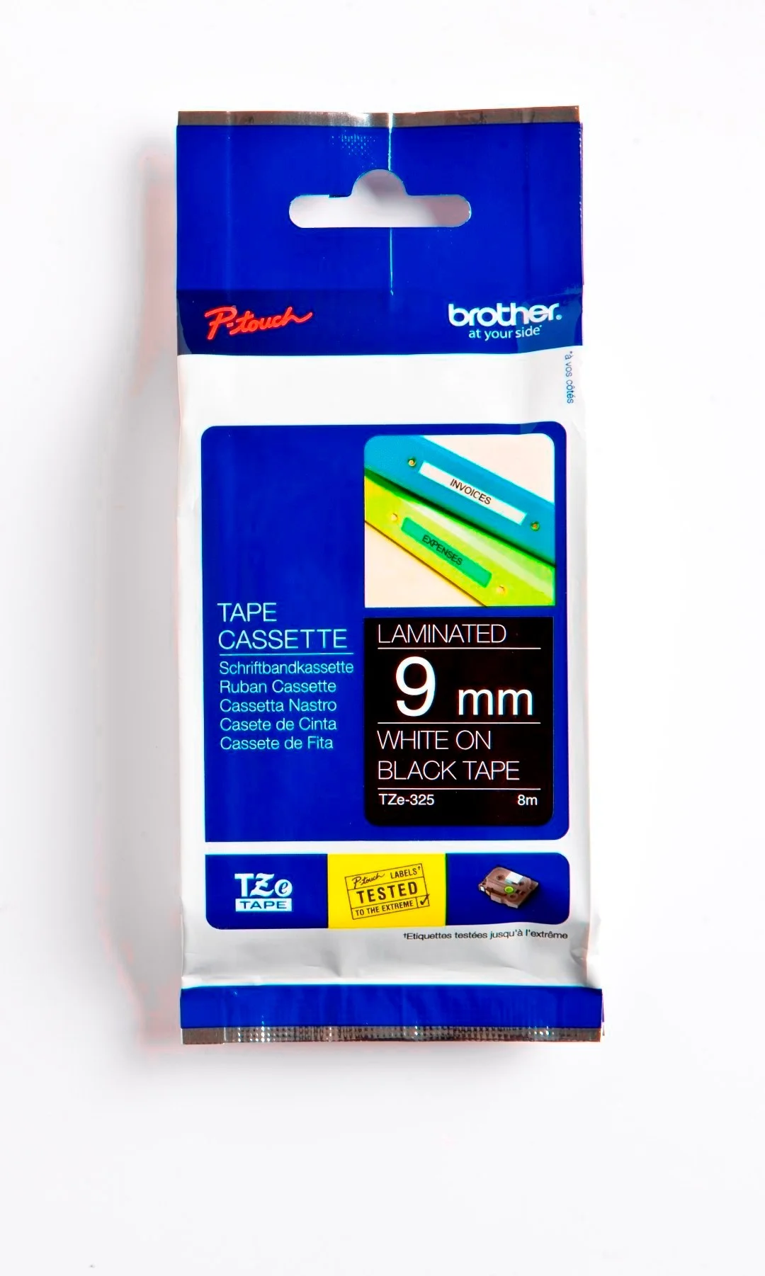 Cinta Rotuladora Brother TZE-325 9mm Blanco/Negro 8 MTS Laminada