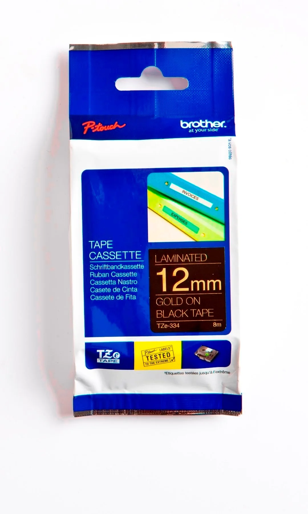 Cinta Rotuladora Brother TZE-334 12mm Dorado/Negro 8 MTS Laminada