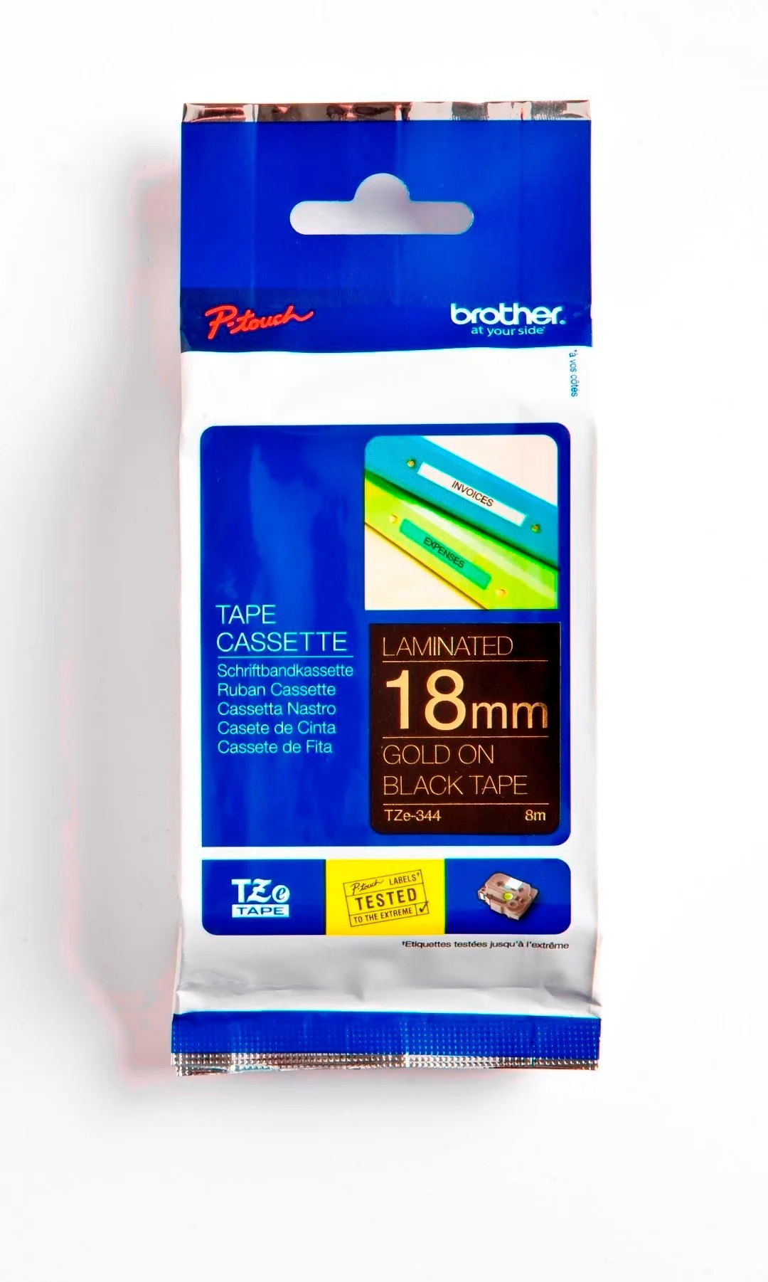 Cinta Rotuladora Brother TZE-344 18mm Dorado/Negro 8 MTS Laminada