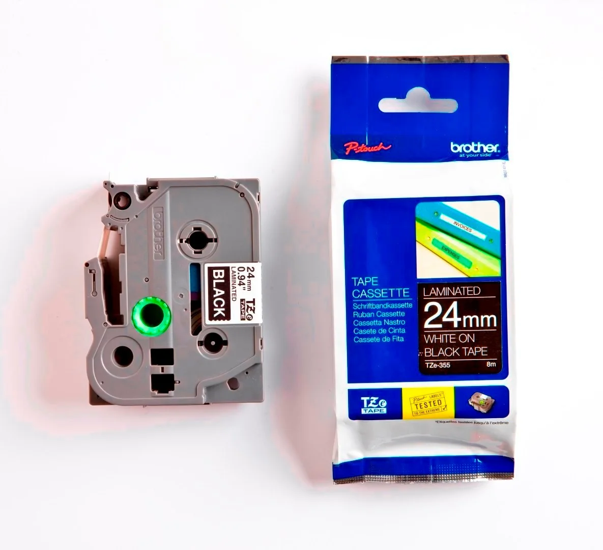 Cinta Rotuladora Brother TZE-355 24mm Blanco/Negro 8 MTS Laminada disponible en Bytecom Moron Zona Oeste Haedo Castelar Ituzaingo Padua Ramos Mejia