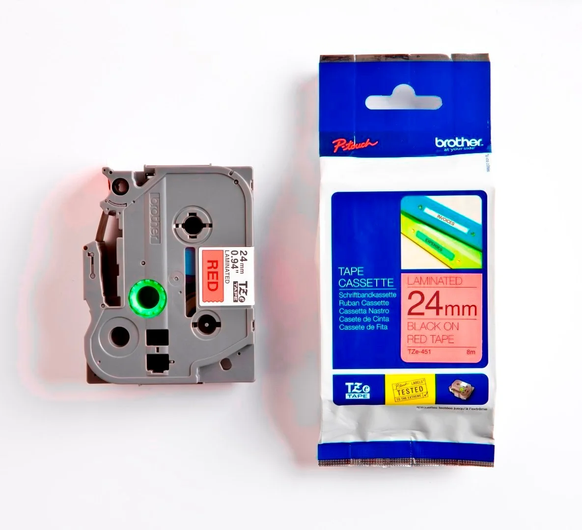 Cinta Rotuladora Brother TZE-451 24mm Negro/Rojo 8 MTS Laminada disponible en Bytecom Moron Zona Oeste Haedo Castelar Ituzaingo Padua Ramos Mejia