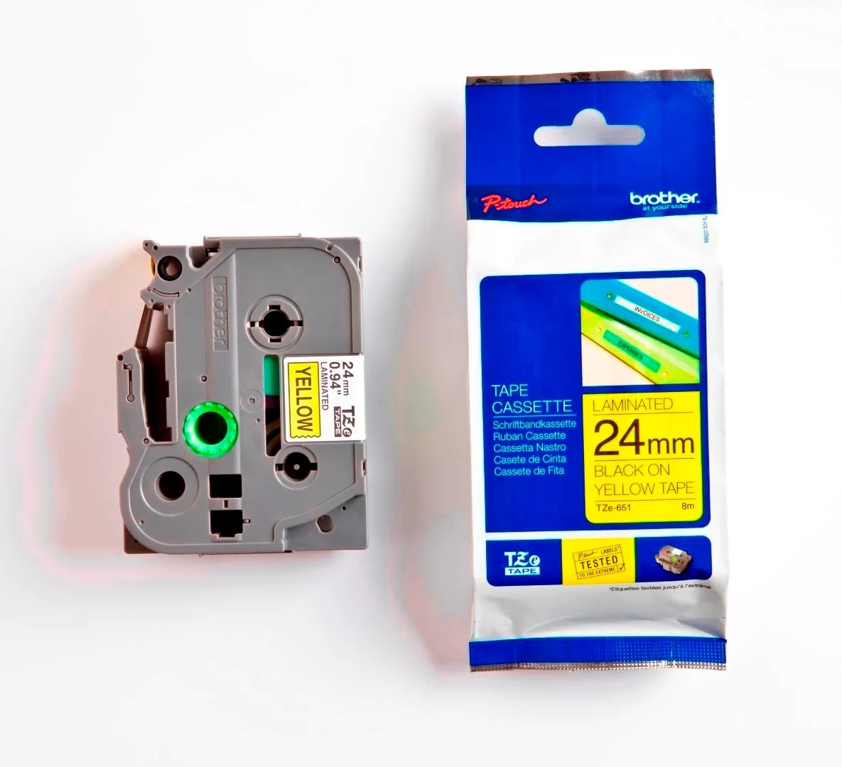 Cinta Rotuladora Brother TZE-651 24mm Negro/Amarillo 8 MTS Laminada disponible en Bytecom Moron Zona Oeste Haedo Castelar Ituzaingo Padua Ramos Mejia