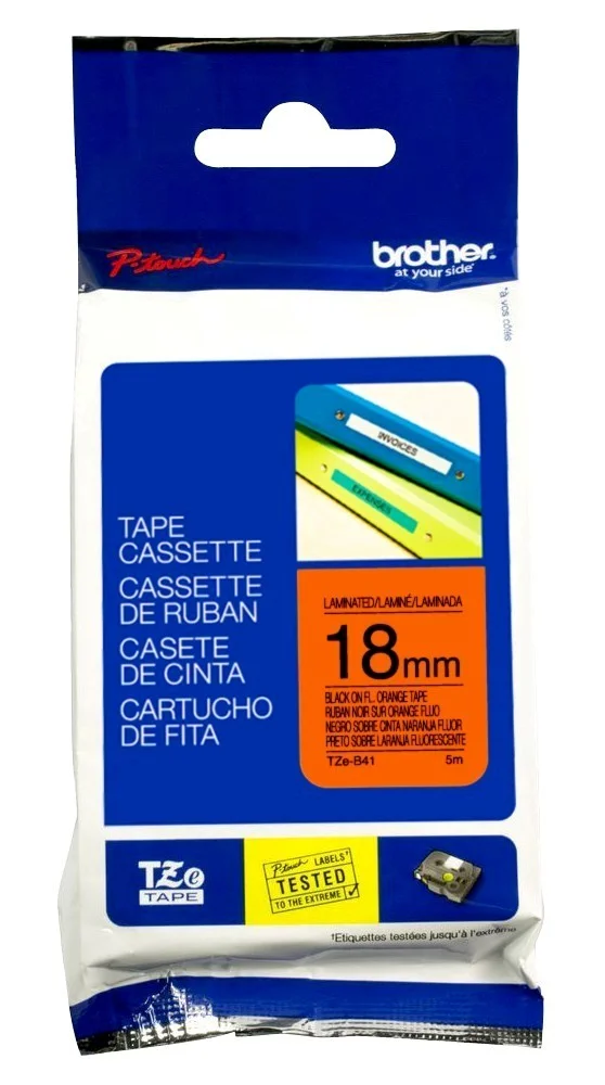 Cinta Rotuladora Brother TZE-B41 18mm Negro/Naranja Fluorecente 5 MTS Laminada disponible en Bytecom Moron Zona Oeste Haedo Castelar Ituzaingo Padua Ramos Mejia