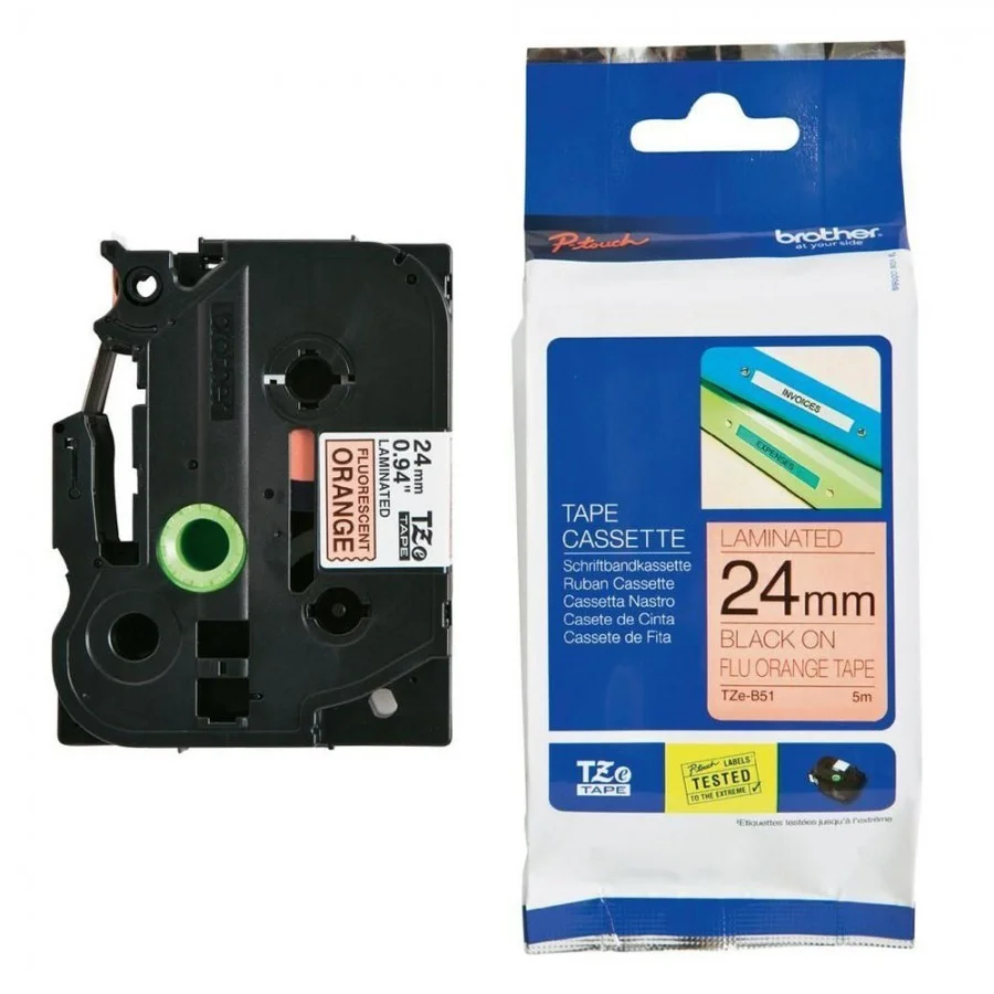 Cinta Rotuladora Brother TZE-B51 24mm Negro/Naranja Fluorecente 5 MTS Laminada disponible en Bytecom Moron Zona Oeste Haedo Castelar Ituzaingo Padua Ramos Mejia