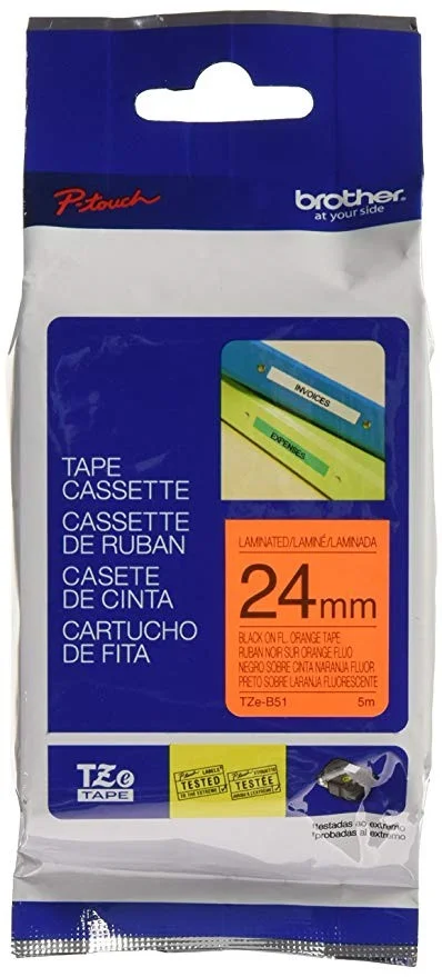 Cinta Rotuladora Brother TZE-B51 24mm Negro/Naranja Fluorecente 5 MTS Laminada