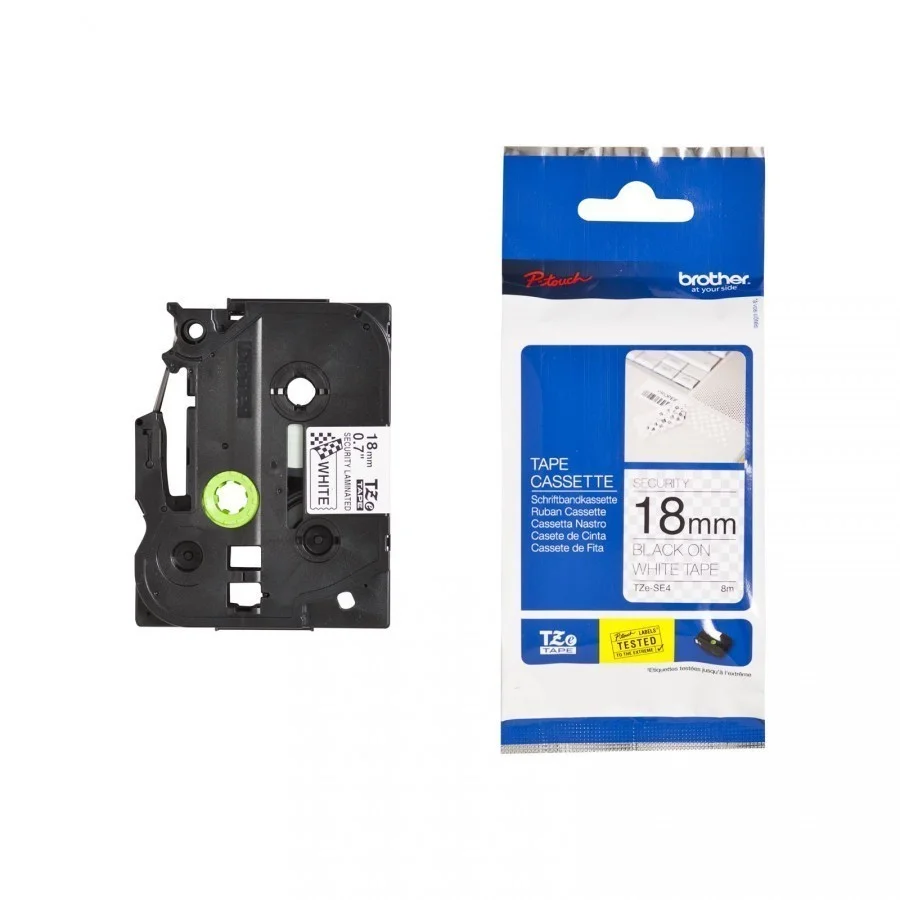 Cinta Rotuladora Brother 18mm TZE-SE4 Void de Seguridad Negro/Blanco 8MTS Laminada disponible en Bytecom Moron Zona Oeste Haedo Castelar Ituzaingo Padua Ramos Mejia