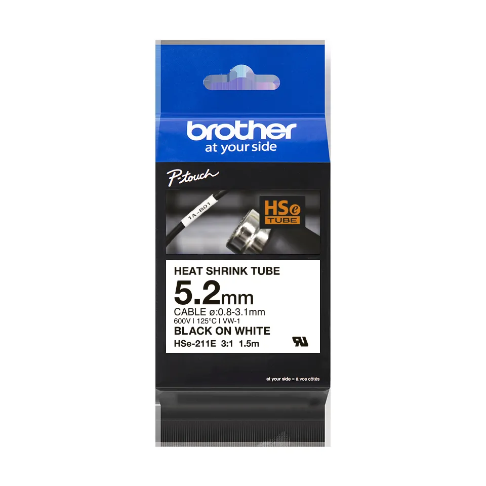 Cinta Rotuladora Brother HSE-211E Termocontraible Negro/Blanco 5.2 MM 0.8/3.1MM 125 Grados 1.5MTS disponible en Bytecom Moron Zona Oeste Haedo Castelar Ituzaingo Padua Ramos Mejia