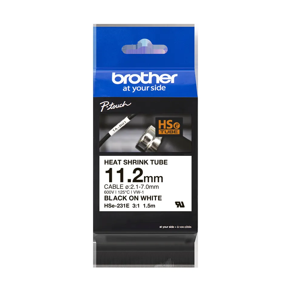 CINTA ROTULADORA BROTHER HSE-231E TERMOCONTRAIBLE NEGRO/BLANCO 11.2 MM 2.1/7.0 MM 125 GRADOS disponible en Bytecom Moron Zona Oeste Haedo Castelar Ituzaingo Padua Ramos Mejia