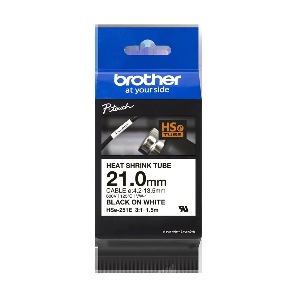 CINTA ROTULADORA BROTHER HSE-251E TERMOCONTRAIBLE NEGRO/BLANCO 21 MM 4.2/15.5MM 125 GRADOS disponible en Bytecom Moron Zona Oeste Haedo Castelar Ituzaingo Padua Ramos Mejia